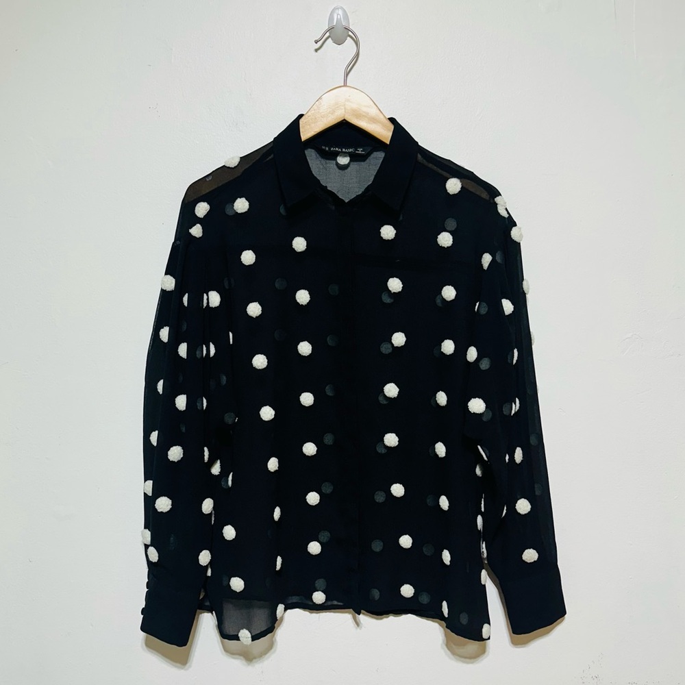 Zara Chiffon Black Sheer Blouse with White Pompom Dots Small